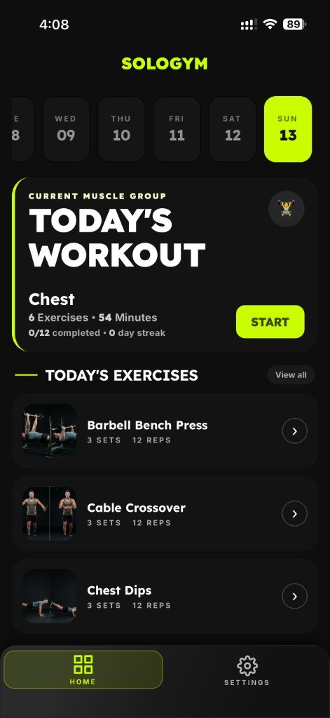 SoloGym Home — Today’s Workout screen