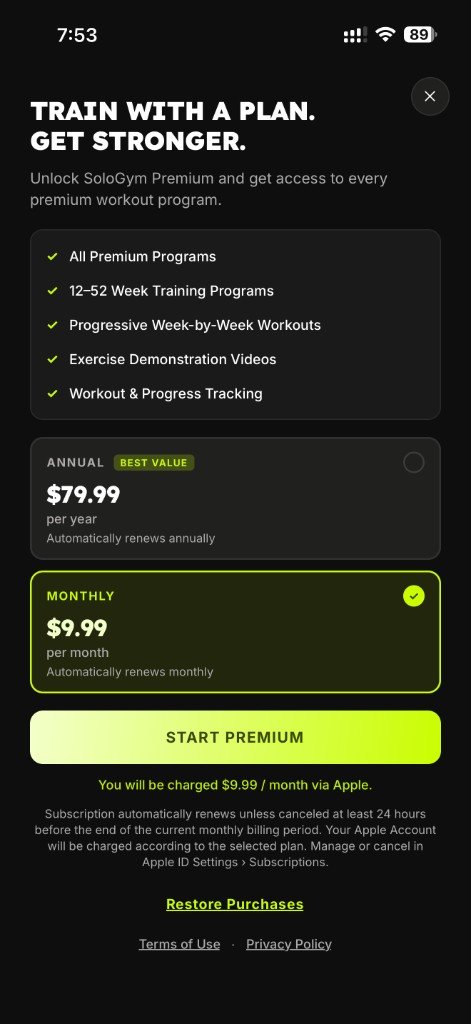 SoloGym Premium paywall screen