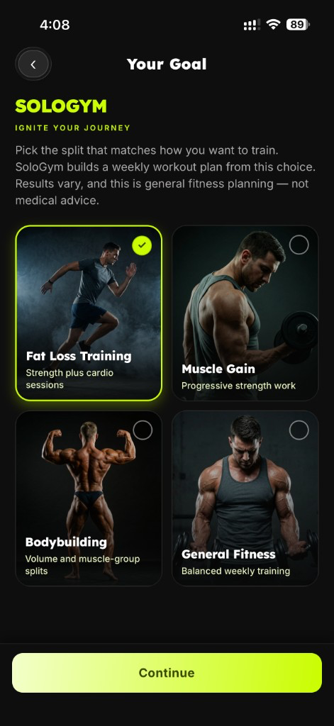SoloGym goal selection screen