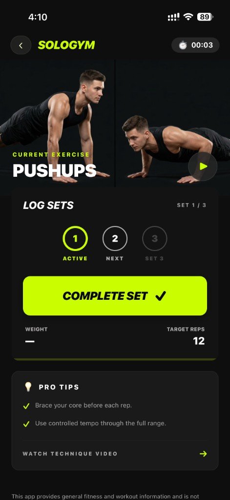 SoloGym workout session — log sets